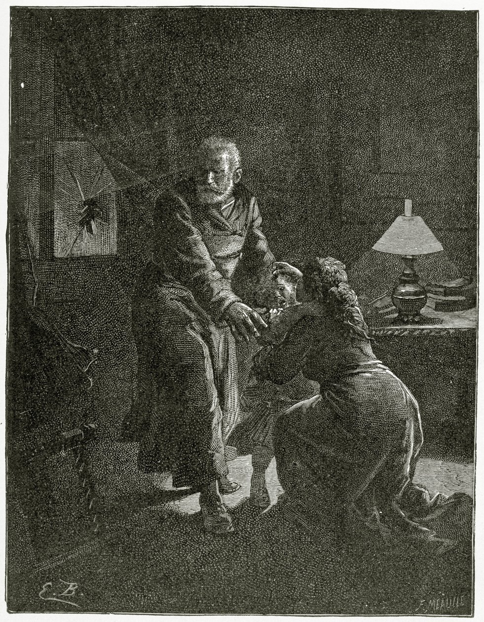 O ataque da noite Place des Barricades - ilustração do Depuis l&39;exil, do século XIX (gravura bw) de Emile Antoine Bayard