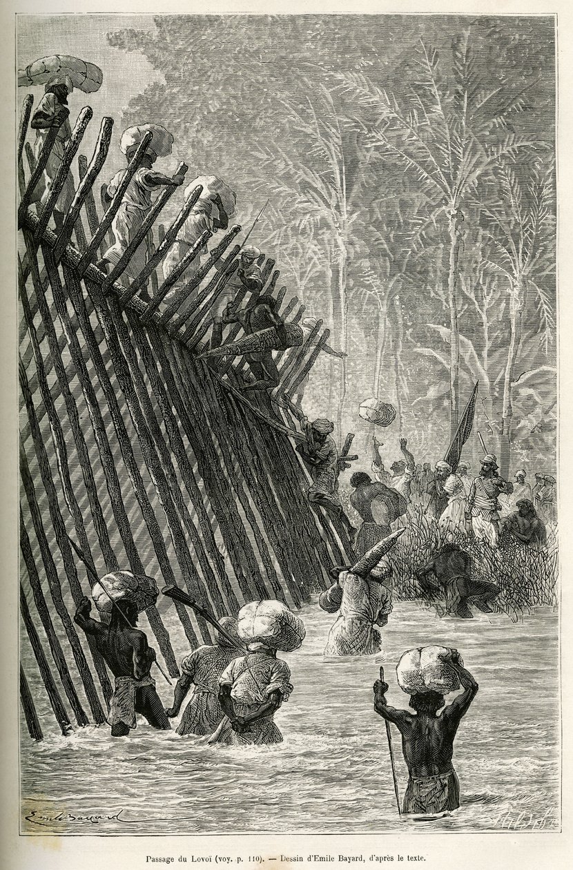 A passagem do rio Lovoi (ou rio do diabo) (região do Katanga, Congo) pela expedição, desenhada por Emile Bayard, para ilustrar a viagem pela África, de Zanzibar (Tanzânia) a Benguela (Angola), de 1873 a 1876, pelo comandante britânico V.L. de Emile Antoine Bayard
