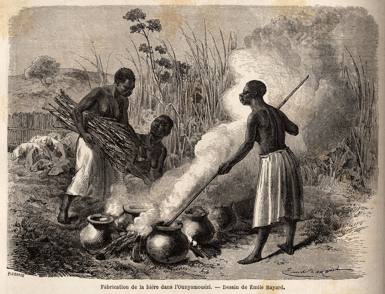 A produção de cerveja, na região dos Grandes Lagos, África, desenho de Emile Bayard (1837-1891), ilustrando a viagem de descoberta na África, de 1860 a 1863 do Capitão Speke. Gravura em "Le tour du monde", editado por Edouard Charton de Emile Antoine Bayard