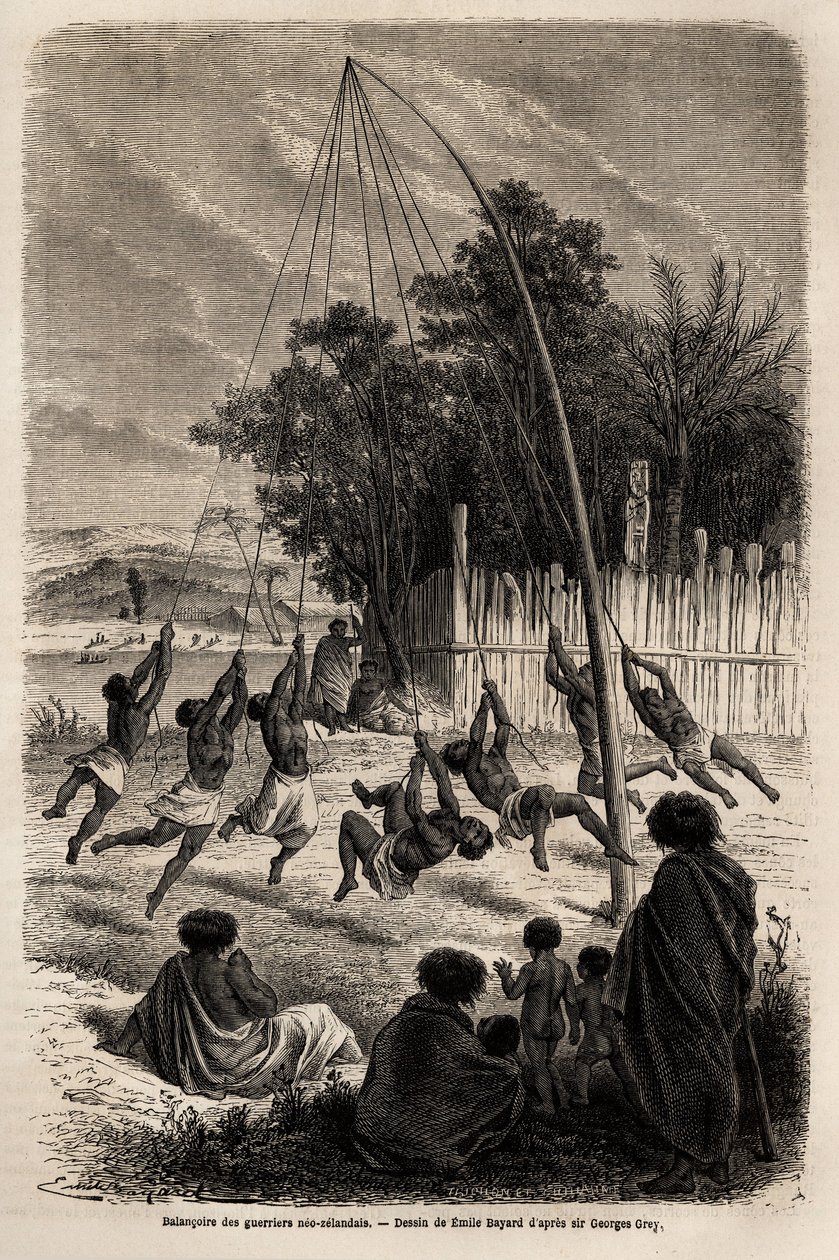 O balanço dos guerreiros Neo-Zelandeses no Istmo de Auckland, desenho de Emile Bayard (1837-1891), para ilustrar a viagem de Ferdinand de Hochstetter à Nova Zelândia de 1858 a 1860. Gravura em "Le tour du monde", editado por Edouard Charton de Emile Antoine Bayard