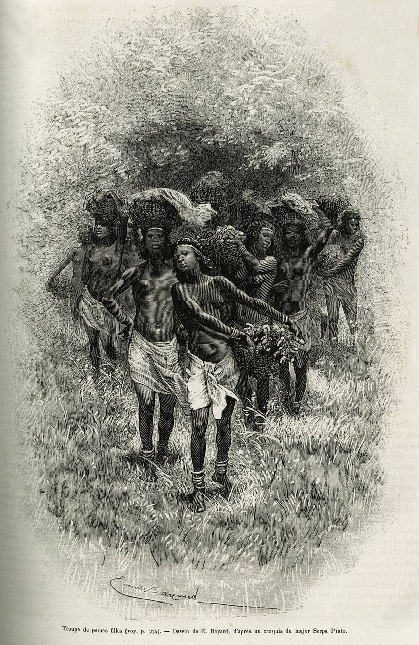 Tropa de moças carregando cestos cheios de comida para o abastecimento de S.Pinto e seus homens. Gravado por Emile Bayard, para ilustrar a história de como atravessei a África, do Oceano Atlântico ao Índico, pelo Major Serpa Pinto, em 1877-1878, pub de Emile Antoine Bayard