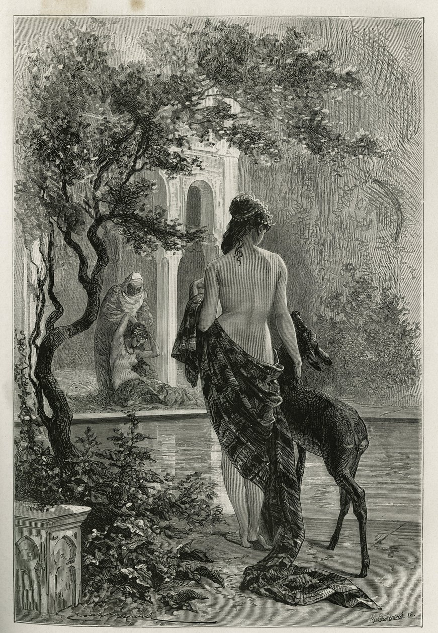 Un jardin à Fes, gravado por Emile Bayard, para ilustrar a história de Marrocos por Edmondo de Amicis, em 1875, publicado no tour du monde, sob a direcção de Edouard Charton de Emile Antoine Bayard