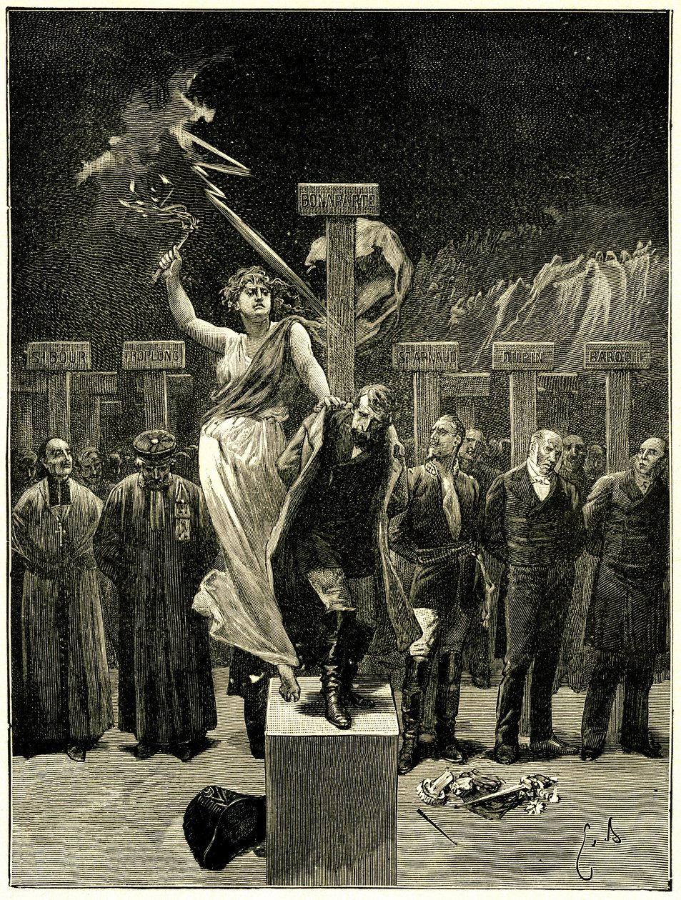 Victor Hugo, Les Chatiments, ilustração de Emile Bayard. "Seria um erro acreditar que estas coisas/vão acabar com canções e boletins". Diz-se que esta evocação do futuro causou o pavor de Napoleão 3. de Emile Antoine Bayard