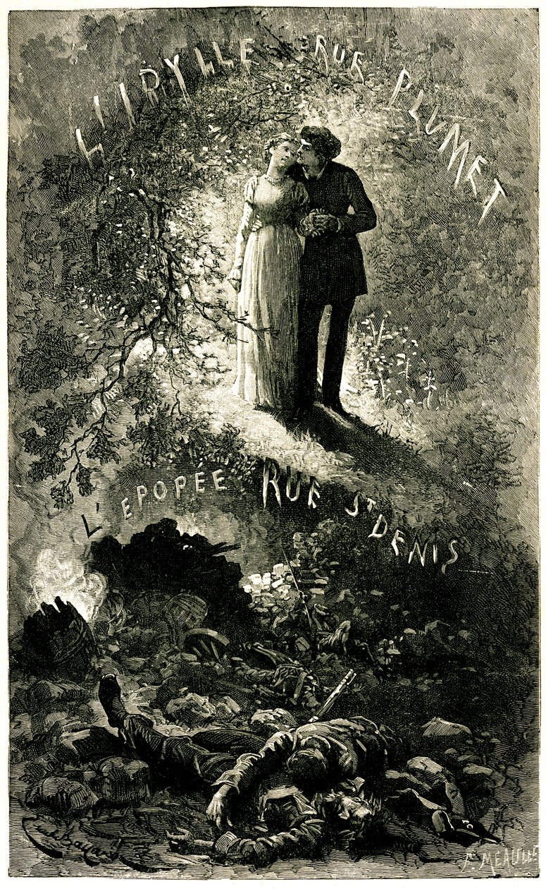Os Miseráveis de Victor Hugo: enredo sentimental contra um pano de fundo de afresco histórico. Os amantes de Cosette e Marius (amor - idylle rue Plumet) e as barricadas de Paris (Revolução - Epopee rue St Denis (Saint-Denis). Ilustração de Emile Bayard par de Emile Antoine Bayard