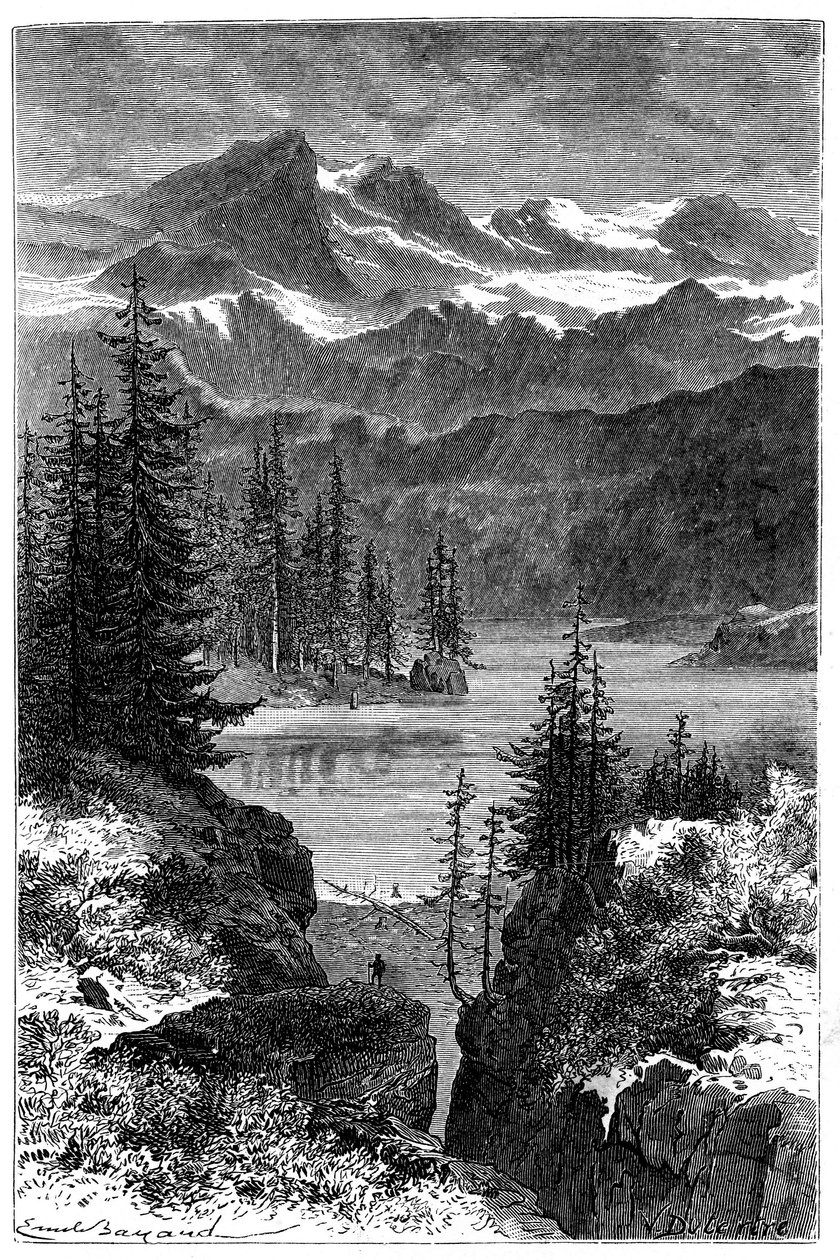 Vista dos Alpes: floresta, lago, picos. Ilustração de Emile Bayard para o livro "Les Montagnes d