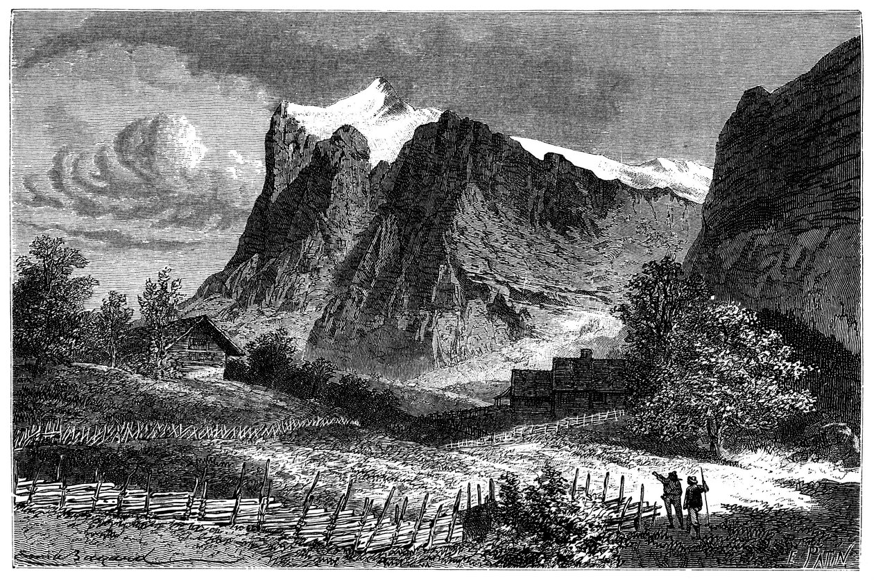 Vista dos Alpes suíços. Ilustração de Emile Bayard para o livro "Les Montagnes d