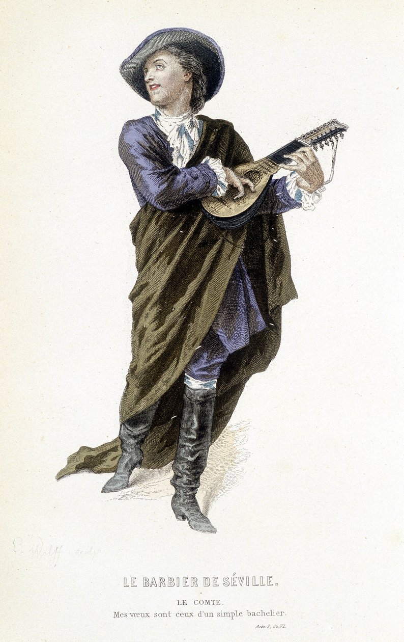 o Conde Almavira em "Le barbier de Sevilha" em "Oeuvres completes de Beaumarchais", ed. Laplace Sanchez & cie, Paris de Emile Antoine Bayard