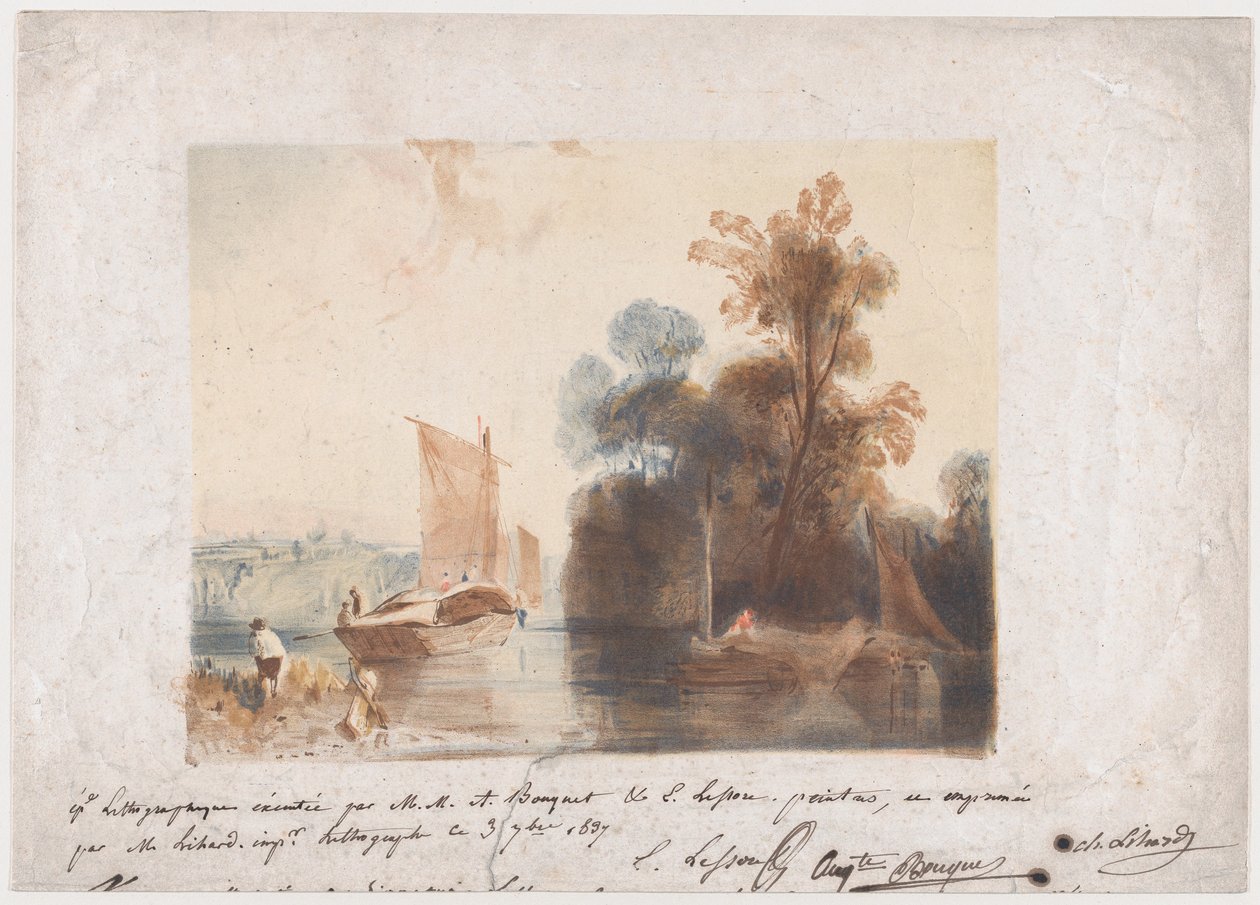 Paisagem com rio e barcos, 1837 de Emile Aubert Lessore