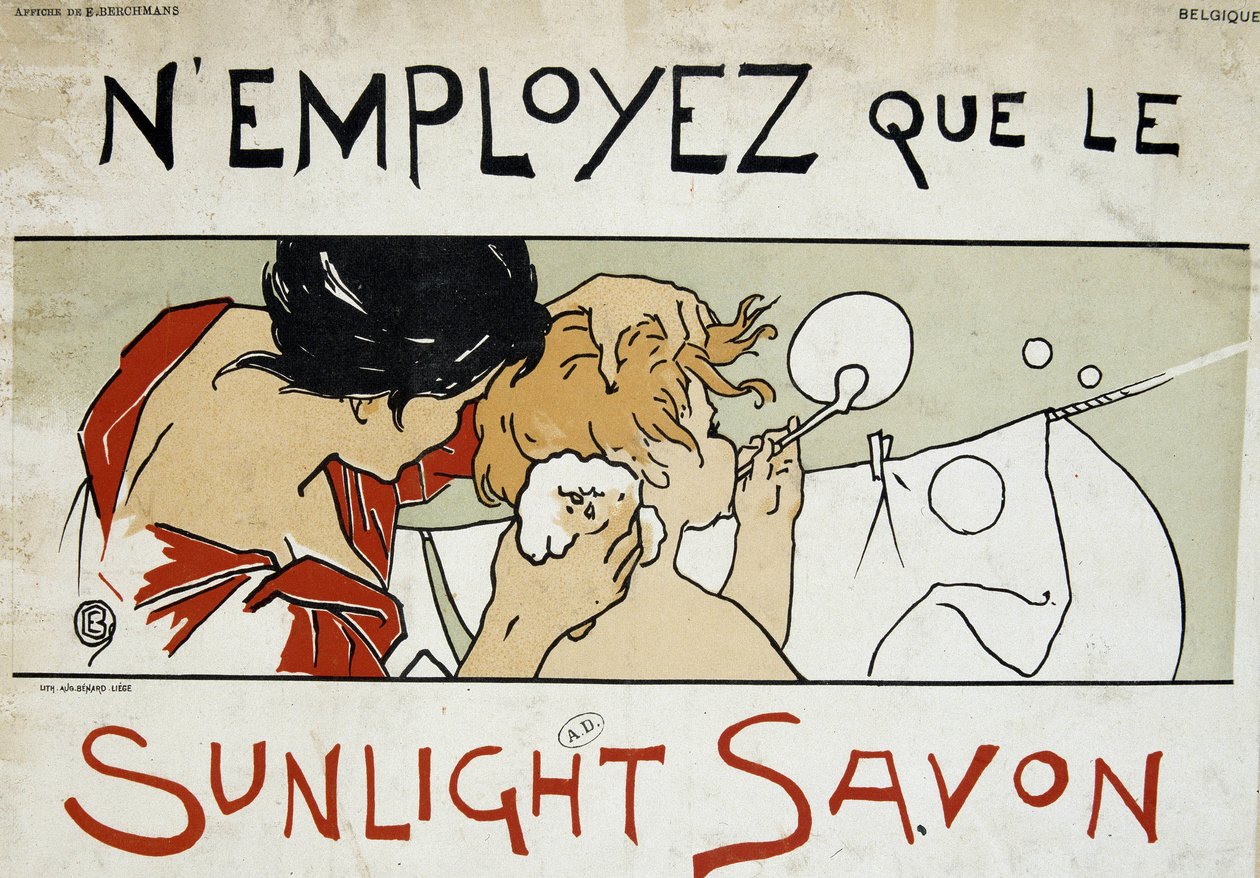 Use apenas sabonete Sunlight, mãe fazendo o banheiro do filho e lavanderia estendida - por Berchmans, final do século XIX de Émile Berchmans
