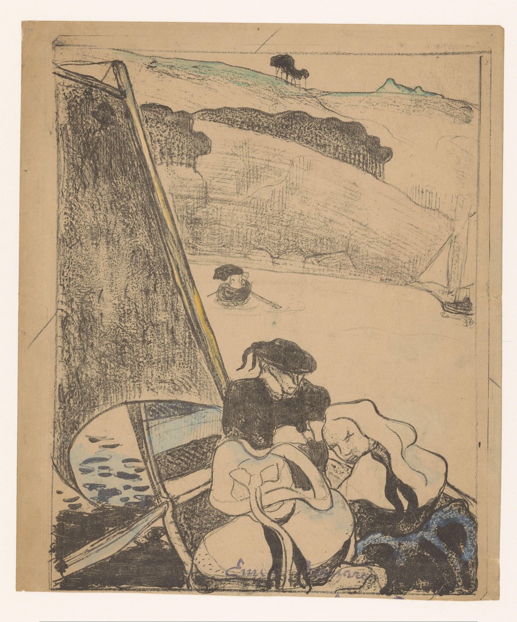 Duas mulheres bretãs e um homem em um barco O retorno do perdão Mulheres bretãs (título da série) Bretonnes (título da série) de Émile Bernard (signed by artist)