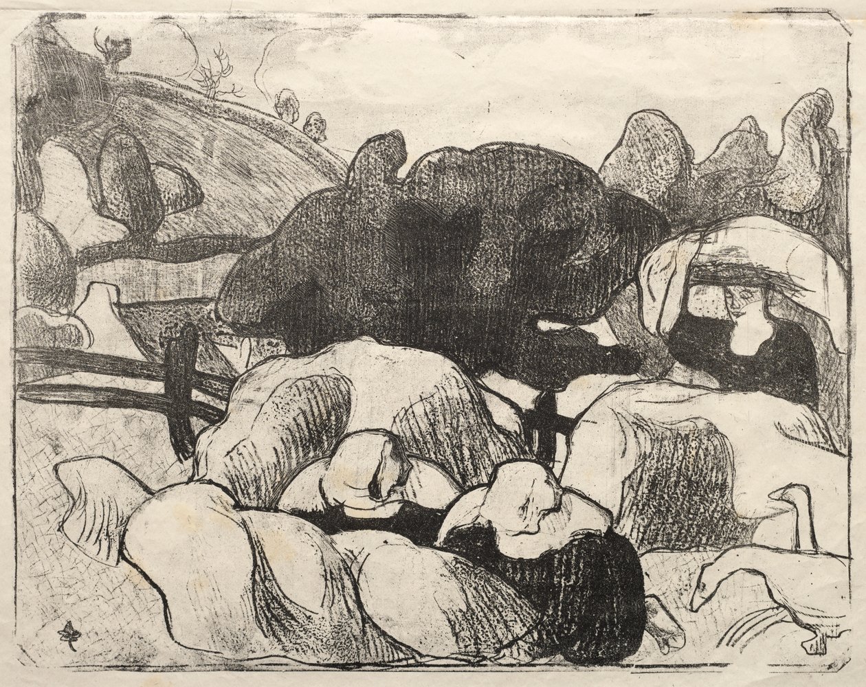 Les Bretonneries: mulheres bretãs fazendo montes de feno de Emile Bernard