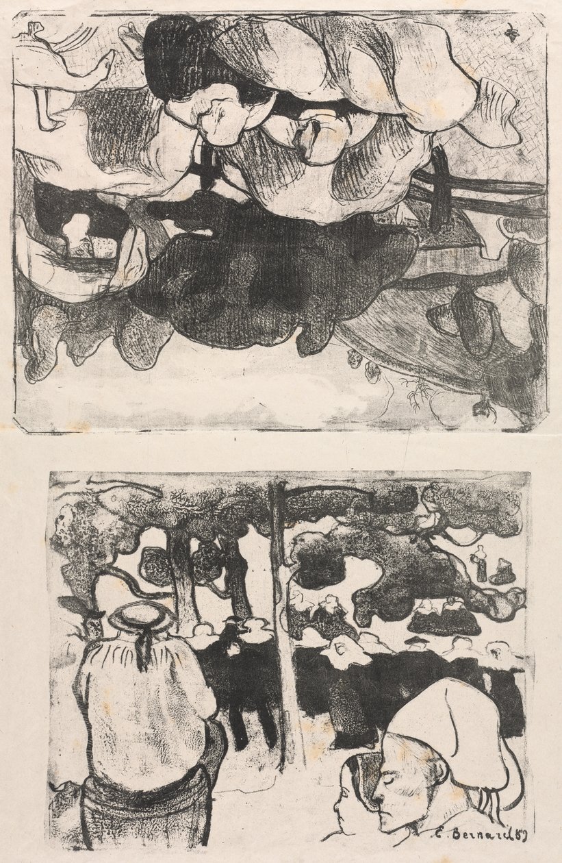 Les Bretonneries: Breton Women Making Haystacks (Bretonnes Faisant les Foins) e Casamento na Bretanha (La Noce en Bretange) de Emile Bernard