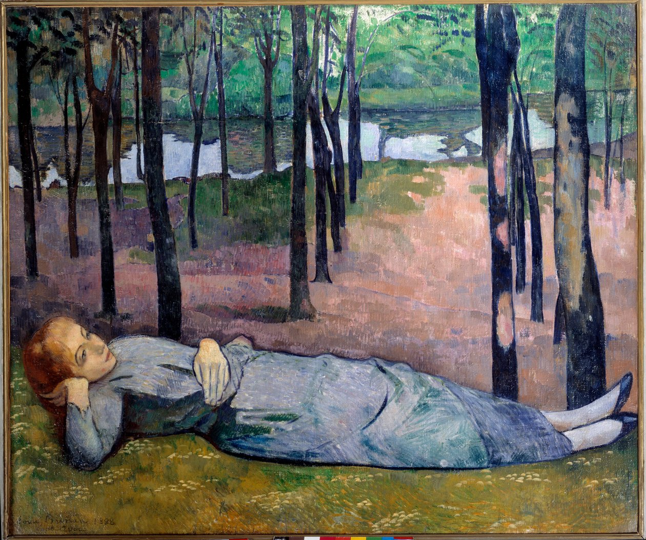 Madeleine (1871 - 1895) no bosque do amor. Retrato de uma mulher horrível deitada no bosque. Pintura de Emile Bernard (1868 - 1941) de Emile Bernard
