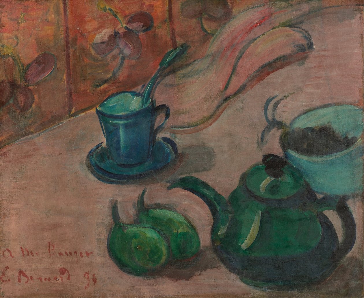 Natureza morta com bule, xícara e frutas de Emile Bernard