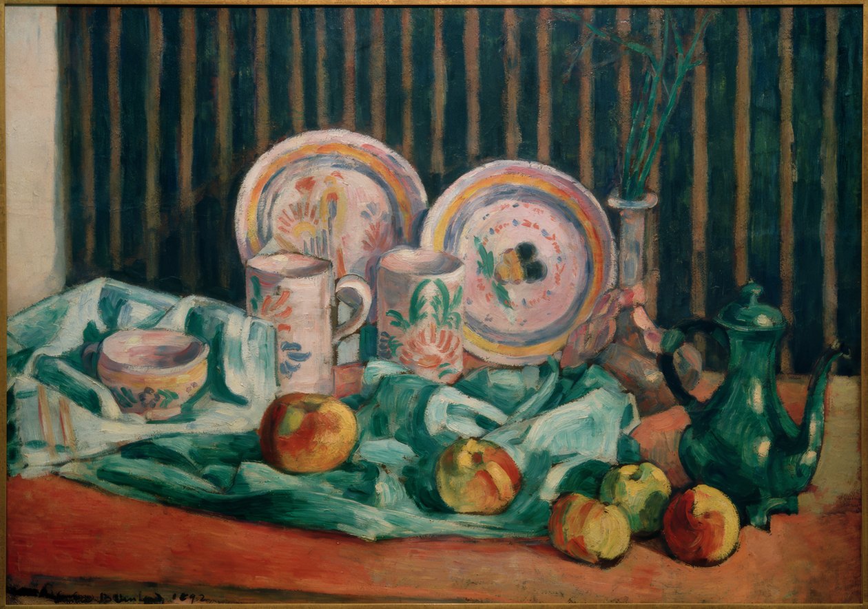 Natureza morta com maçãs e cerâmica bretã de Emile Bernard