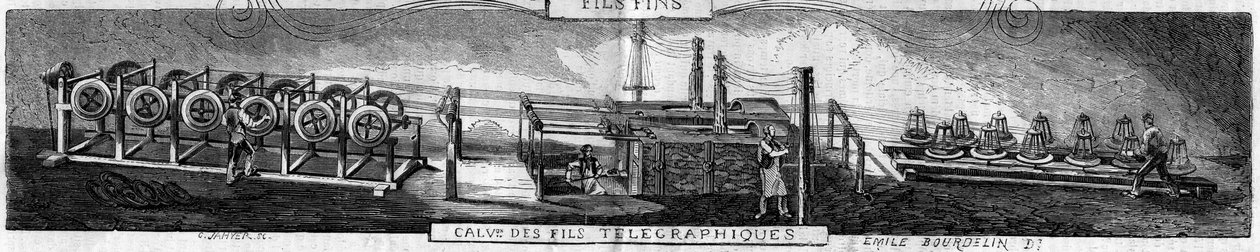 Galvanização de fios de ferro e telegráficos na fábrica Grenelle pela empresa Franche Comte Forges. Gravação por Emile Bourdelin em "The Illustrous World" n°93 de 22 de janeiro de Emile Bourdelin