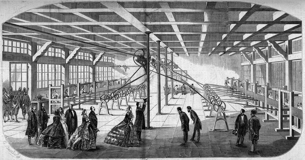 Vista interna do corte de diamantes dos senhores Gaensly e Bernard perto da barreira do Maine em 1859, durante a visita de Napoleão III (1808-1873) e da Impressora Eugenie (Eugenie de Montijo) de Emile Bourdelin