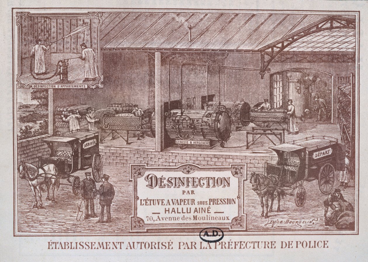 Poster advertising Máquinas para Desinfecção por Vapor produzido por Hallu Aine, final do século XIX de Emile Bourdelin