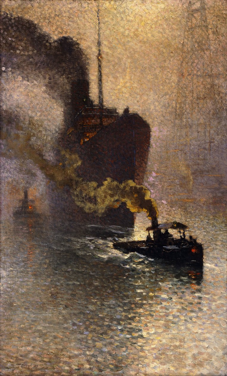 Em reboque no Tamisa no nevoeiro; Acompanhe a Tamise no Brouillard - Rebocado no Tamisa, 1918 de Emile Claus