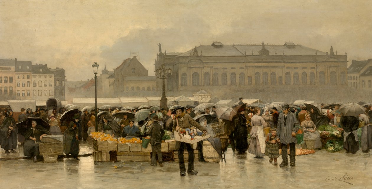 O mercado em frente ao teatro de Antuérpia (óleo sobre tela) de Emile Claus