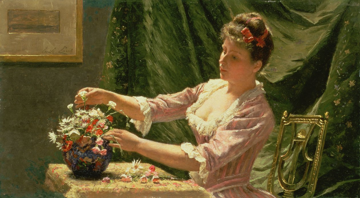Mulher jovem, arranjar flores de Emile Claus