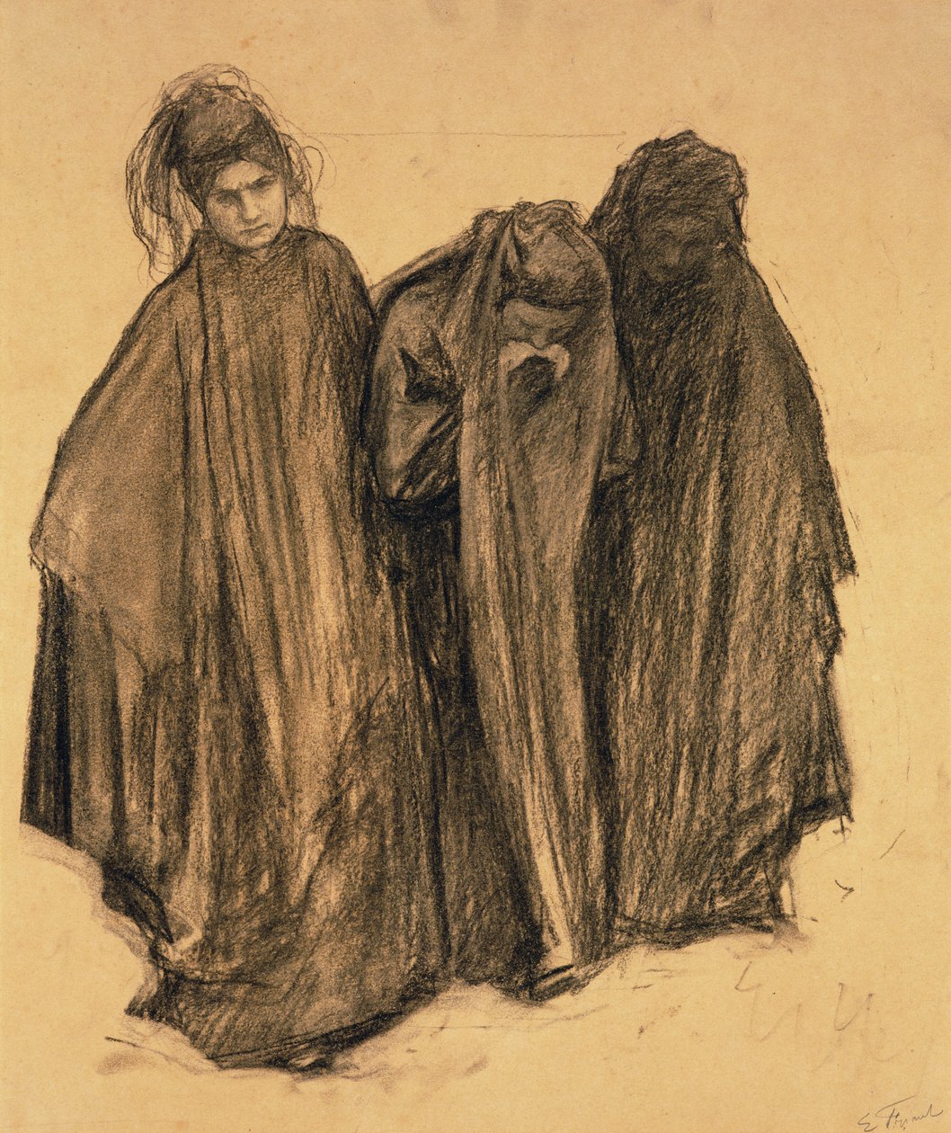Estudo para La D0uleur, 1899 (carvão sobre papel) de Emile Friant