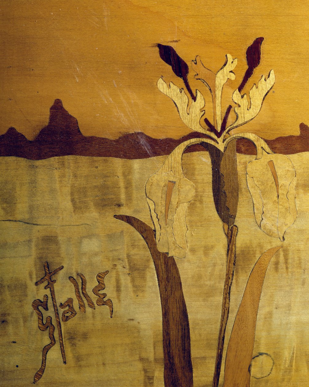 Mesa estilo Art Nouveau, de Emile Galle (1846-1904), nogueira com acabamento em folheado e várias madeiras, detalhe, França, século 20 de Emile Galle