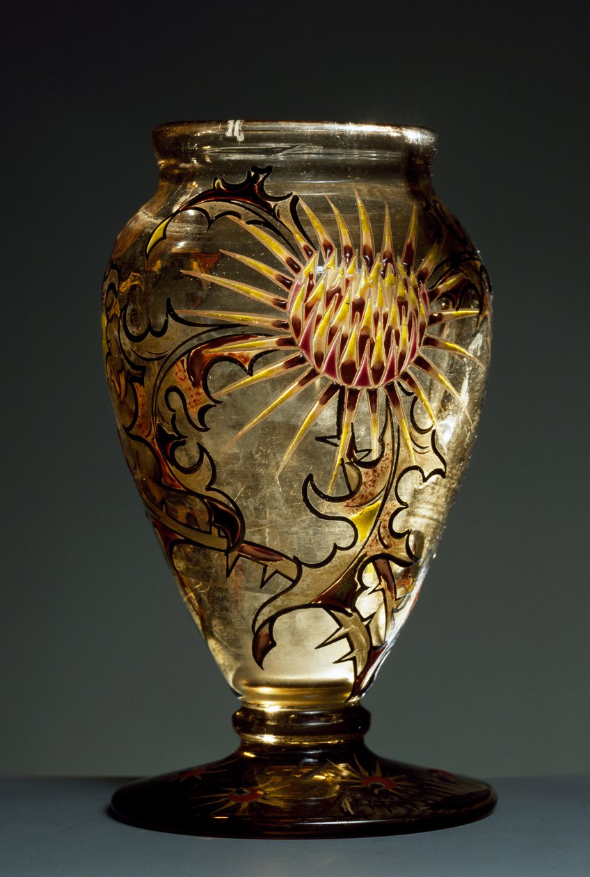 Vaso de vidro fumê com decorações de esmalte, ca 1890, por Emile Galle, Nancy, França de Emile Galle