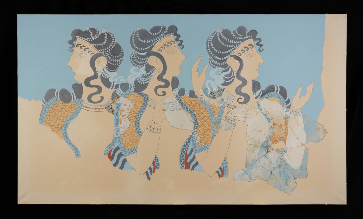 Pintura das Senhoras em Fresco Azul restauradas do Palácio de Minos em Knossos (Evans Fresco Drawing O/7) de Emile Gilliéron