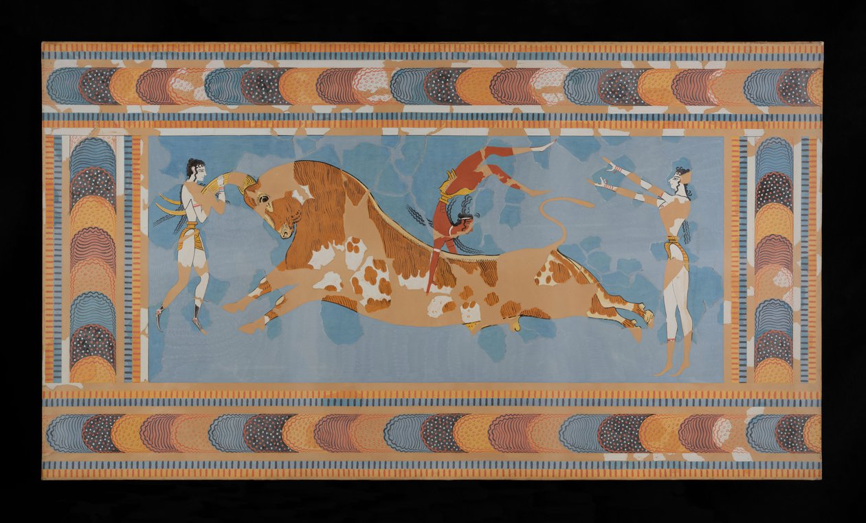 Pintura do Taureador Fresco restaurado do Palácio de Minos em Knossos (Evans Fresco Drawing N/4) de Emile Gilliéron