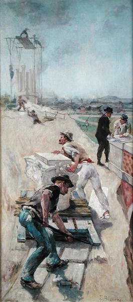 Trabalhadores que constroem o Hotel de Ville, Paris de Emile Henri Blanchon