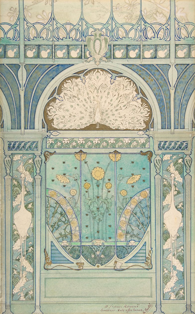 Projeto para uma decoração de parede com pavão, guindastes e girassóis para o restaurante..., 1896-98 de Emile Hurtré