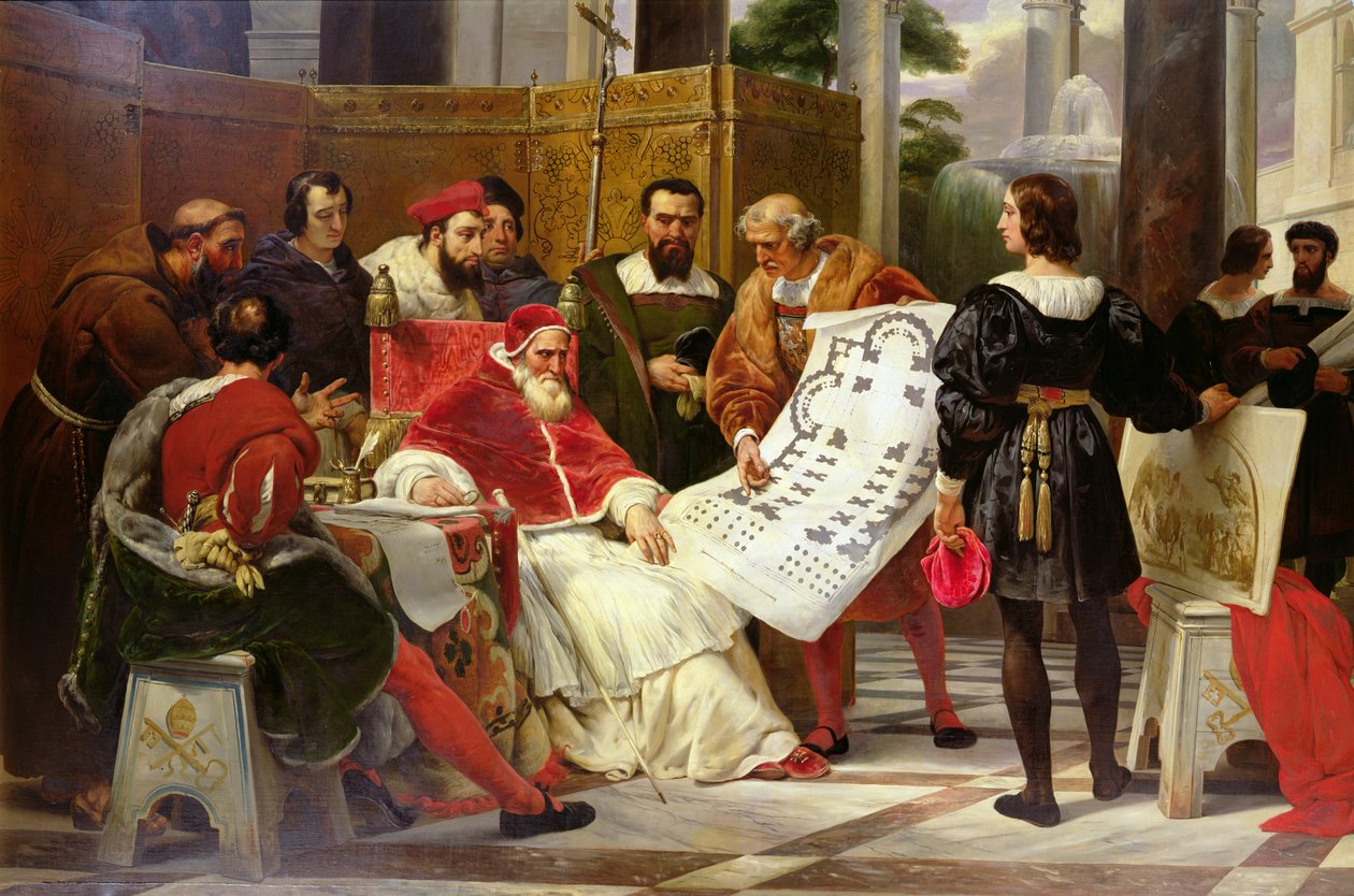 O papa Júlio II ordenou que Bramante, Michelangelo e Rafael construíssem o Vaticano e São Pedro, em 1827 (detalhe de 157491) de Emile Jean Horace Vernet