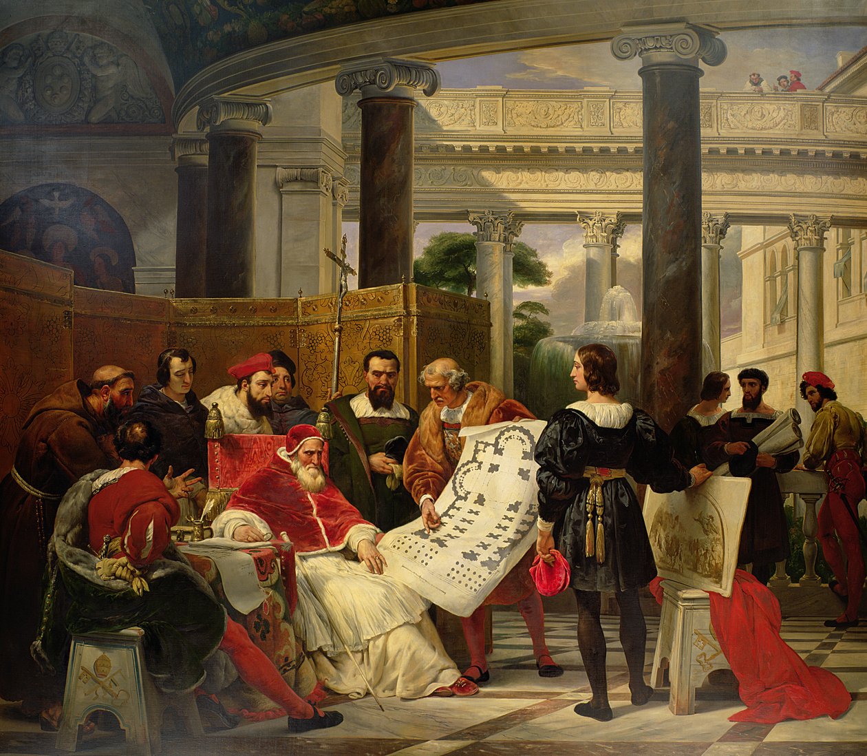 O papa Júlio II ordenou que Bramante, Michelangelo e Rafael construíssem o Vaticano e São Pedro, em 1827 (ver também 157492) de Emile Jean Horace Vernet