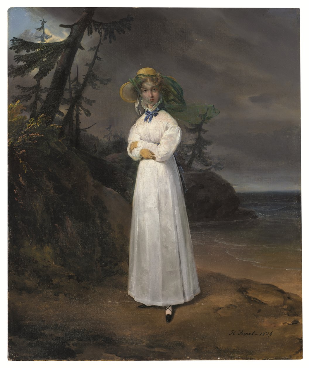 Retrato da viúva Comtesse Jean-Henri-Louis Greffulhe numa paisagem de Emile Jean Horace Vernet