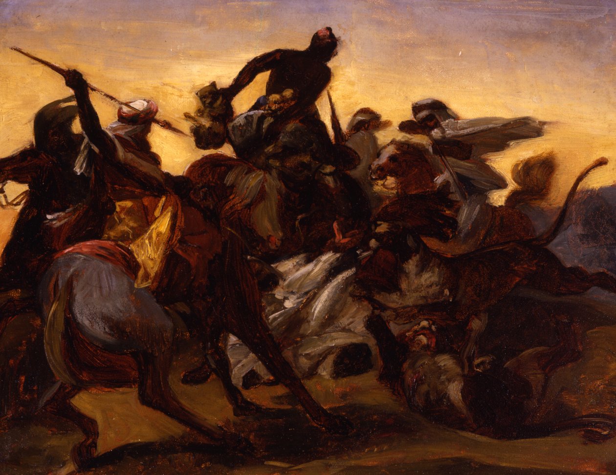 Esboço para a Caça ao Leão, c.1836 (óleo sobre papel colocado sobre tela) de Emile Jean Horace Vernet