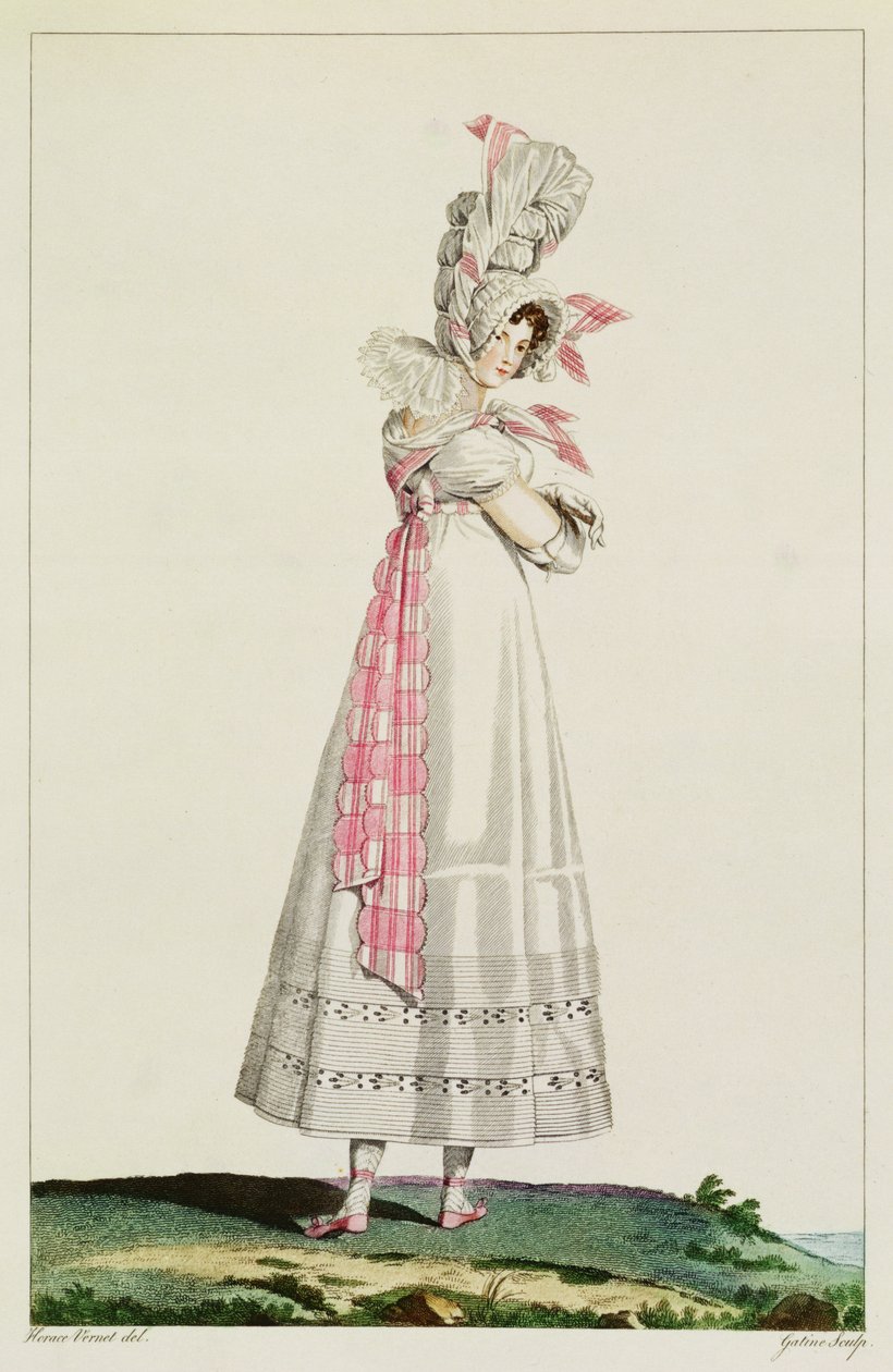 Vestido de verão, fashion plate de &39;Incrível e maravilhoso&39;, gravado por Georges Jacques Gatine (1773-1831), c.1815 de Emile Jean Horace Vernet