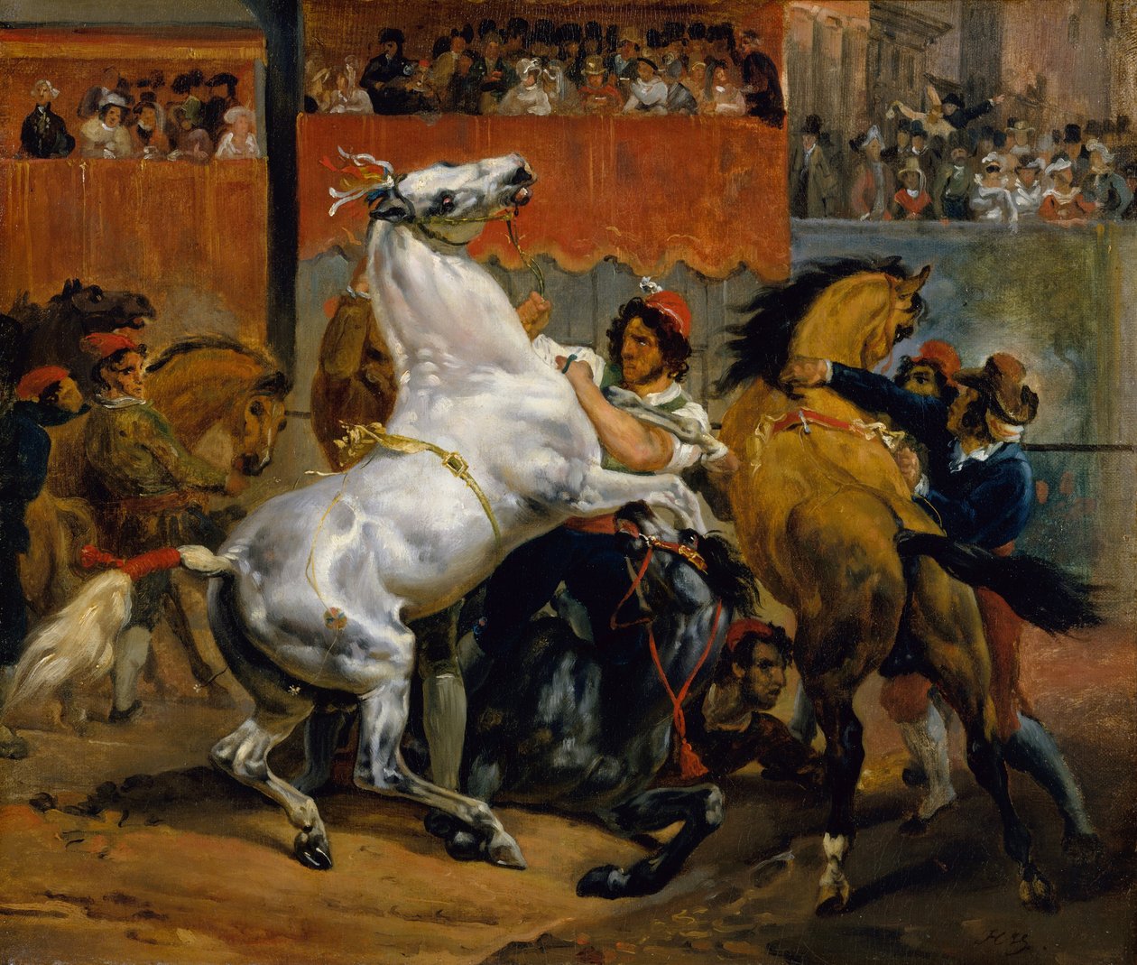 O início da corrida dos cavalos sem cavaleiro, 1820. de Emile Jean Horace Vernet