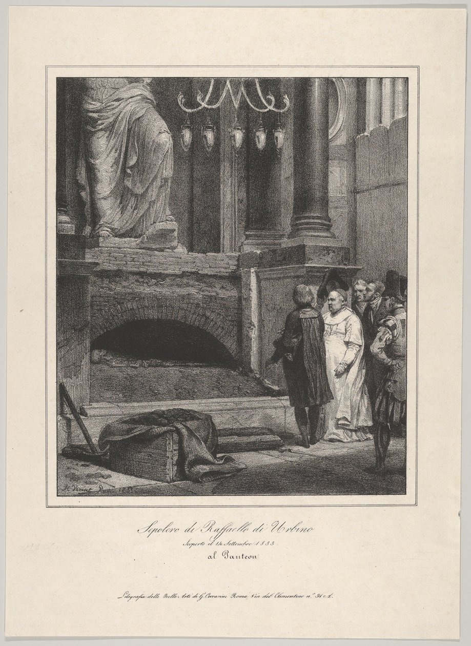 O túmulo de Rafael, aberto em 14 de setembro de 1833, Pantheon, Roma, 1833. de Emile Jean Horace Vernet