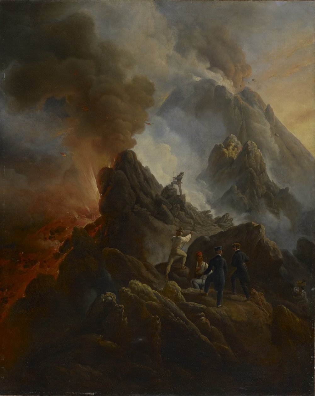 O Vesúvio em Erupção, o Artista e Seu Pai, Carle Vernet, em primeiro plano, c. 1822 de Emile Jean Horace Vernet
