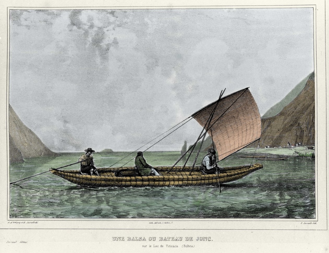 Uma Balsa ou um barco erupção cutânea no Lago Titicaca (Bolívia). Litografia de Emile Lassalle (1813-1871) - em "Voyage dans l