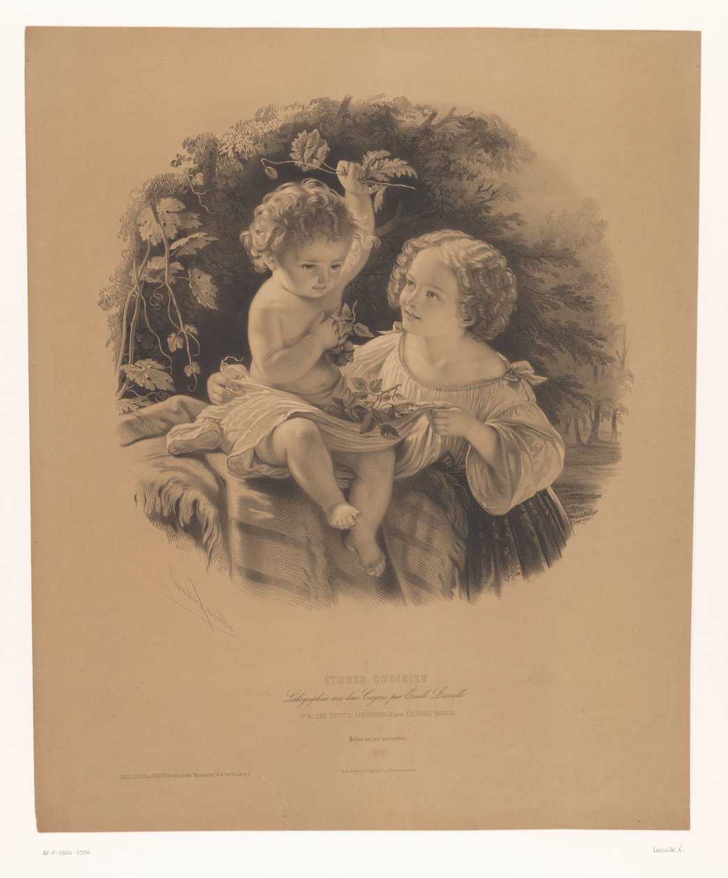 Crianças brincando lá fora Les petits jardiniers (título no objeto) Estudos de artistas selecionados (título da série) Etudes choisies (título da série no objeto) de Emile Lassalle