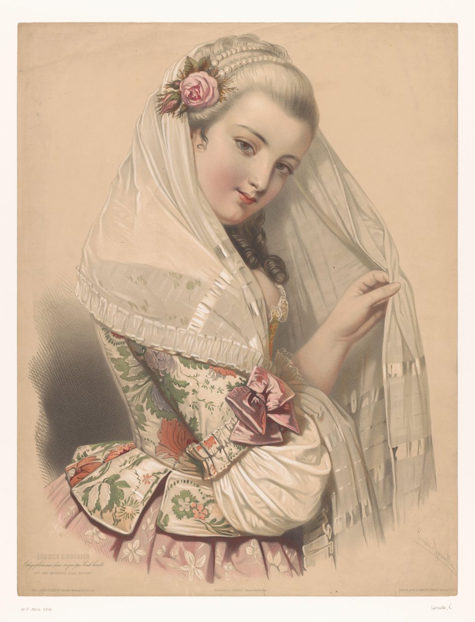 Jovem velada com uma rosa no cabelo Mousseuse de rosas (título no objeto) Estudos de artistas selecionados (título da série) Etudes choisies (título da série no objeto) de Emile Lassalle