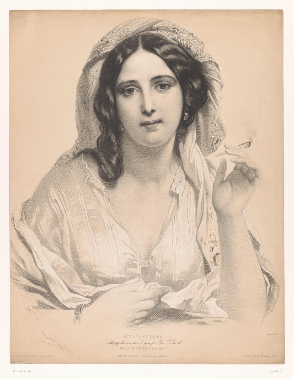 Jovem velada com um cigarro na mão La reine du sérail (título no objeto) Estudos de artistas selecionados (título da série) Etudes choisies (título da série no objeto) de Emile Lassalle