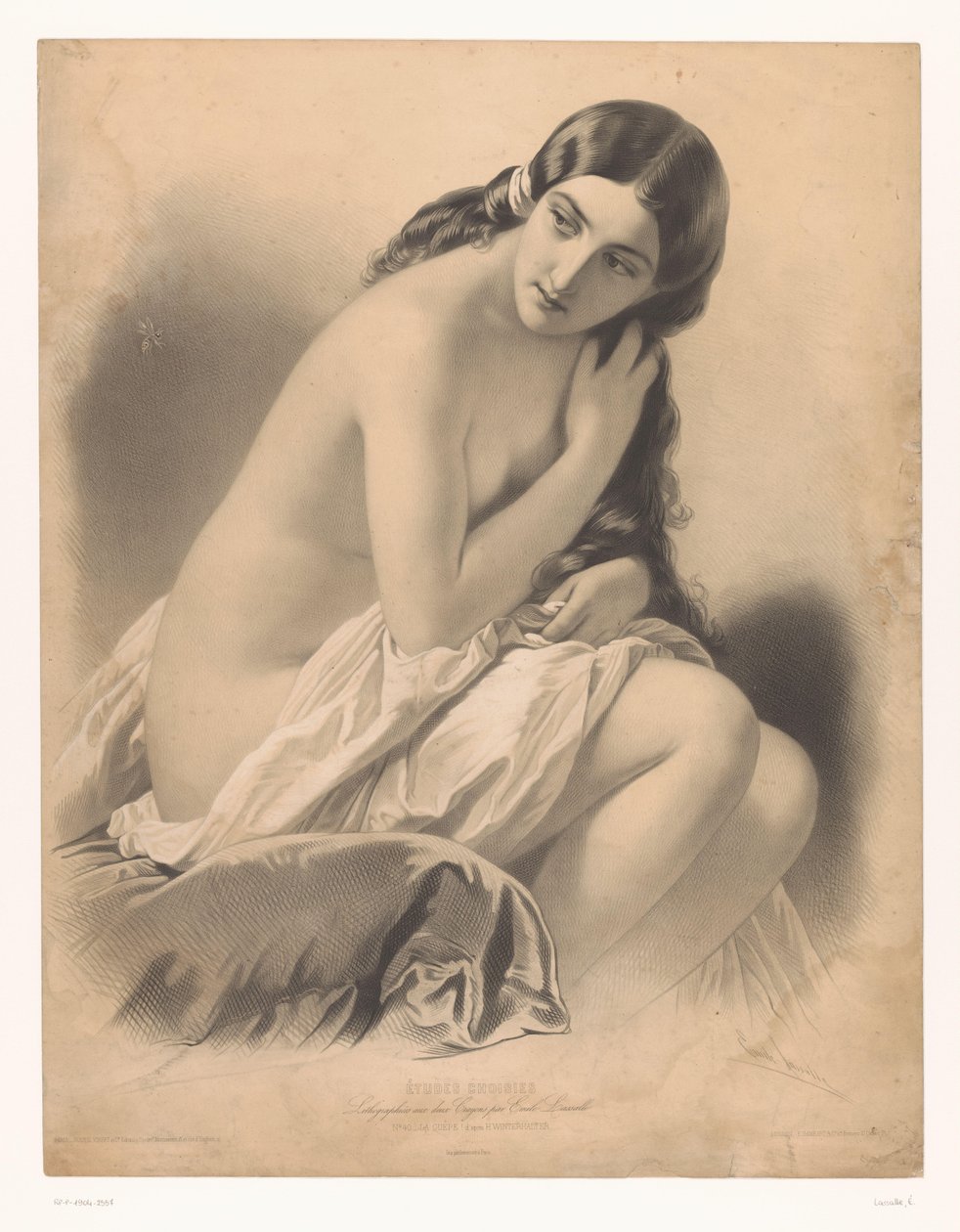 Mulher nua sentada a olhar para uma vespa
La guêpe (título sobre o objecto)
Estudos de artistas seleccionados (título da série)
Études choisies (título da série sobre o objecto) de Emile Lassalle