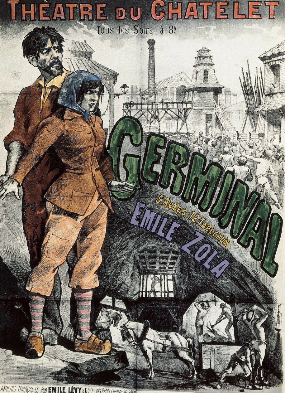 Cartaz para a representação teatral do romance "" Germinal "" de Emile Zola no Theatre du Chatelet em Paris. Litografia de Emile Levy (1826-1890). de Emile Levy