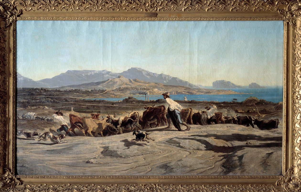 Vista de Marselha tirada das Aygalades, um dia de caminhada Em primeiro plano de jovens pastores com o rebanho. Pintura de Emile Loubon (1809-1863) 1853 Dim. 1,40 x 2,60 m Marselha. Museu de Belas Artes de Emile Loubon