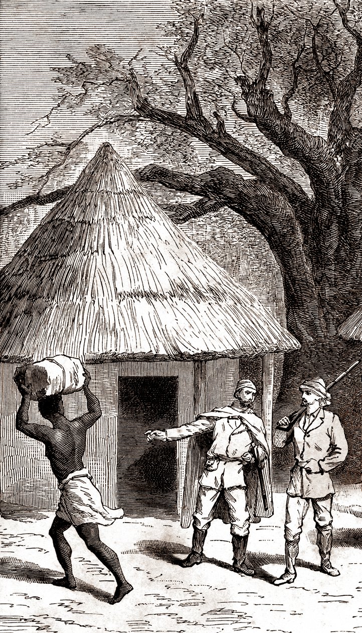 Exploradores e carregadores em frente a uma cabana africana, 1887 (gravura) de Emile Mas