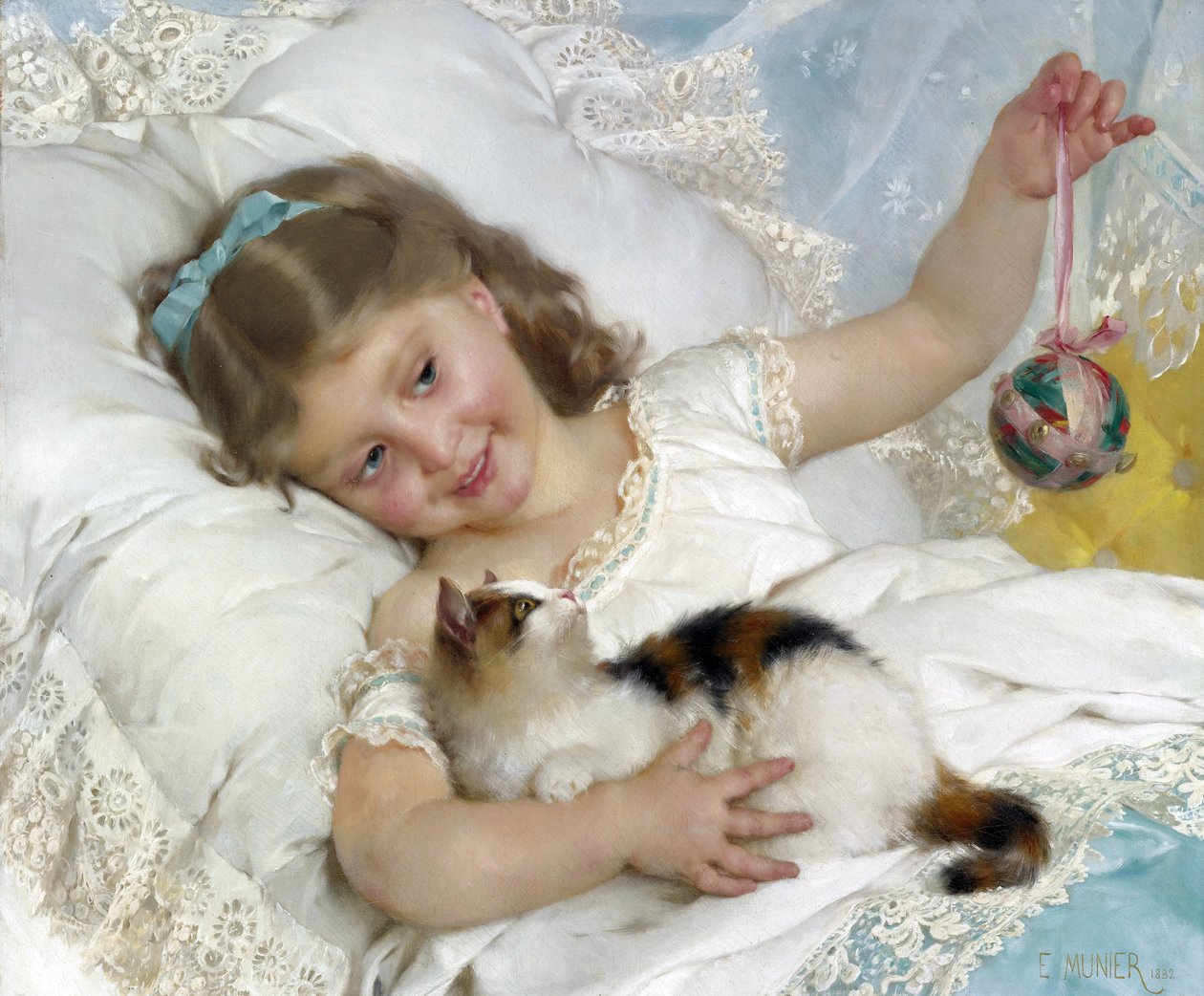 Criança e gato par Munier, Emile (1840-1895). Óleo sobre tela, tamanho : 54,6x65,4, , Colecção privada de Emile Munier