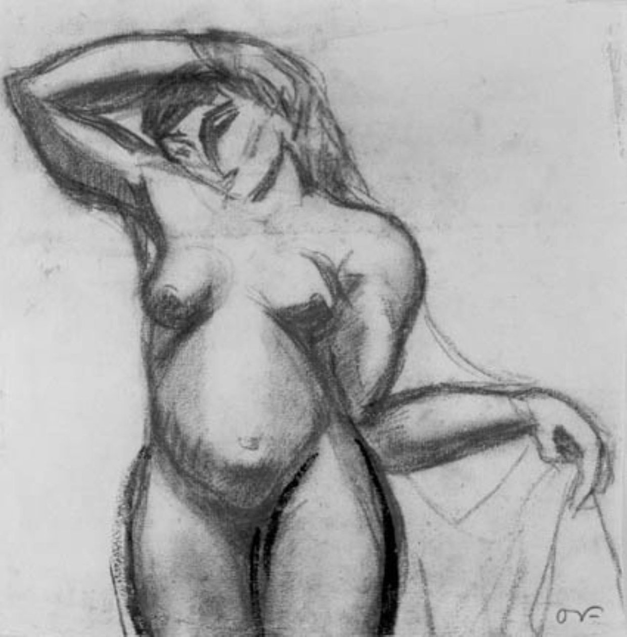 Estudo de figura. Mulher em pé um rosto com uma cortina. de Emile Othon Friesz